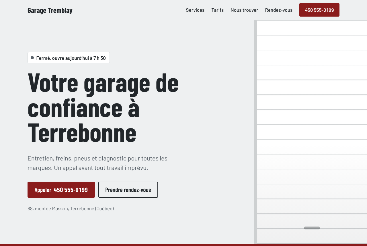 Le haut de la page du site Garage Tremblay : le titre « Votre garage de confiance à Terrebonne », les boutons pour appeler et prendre rendez-vous